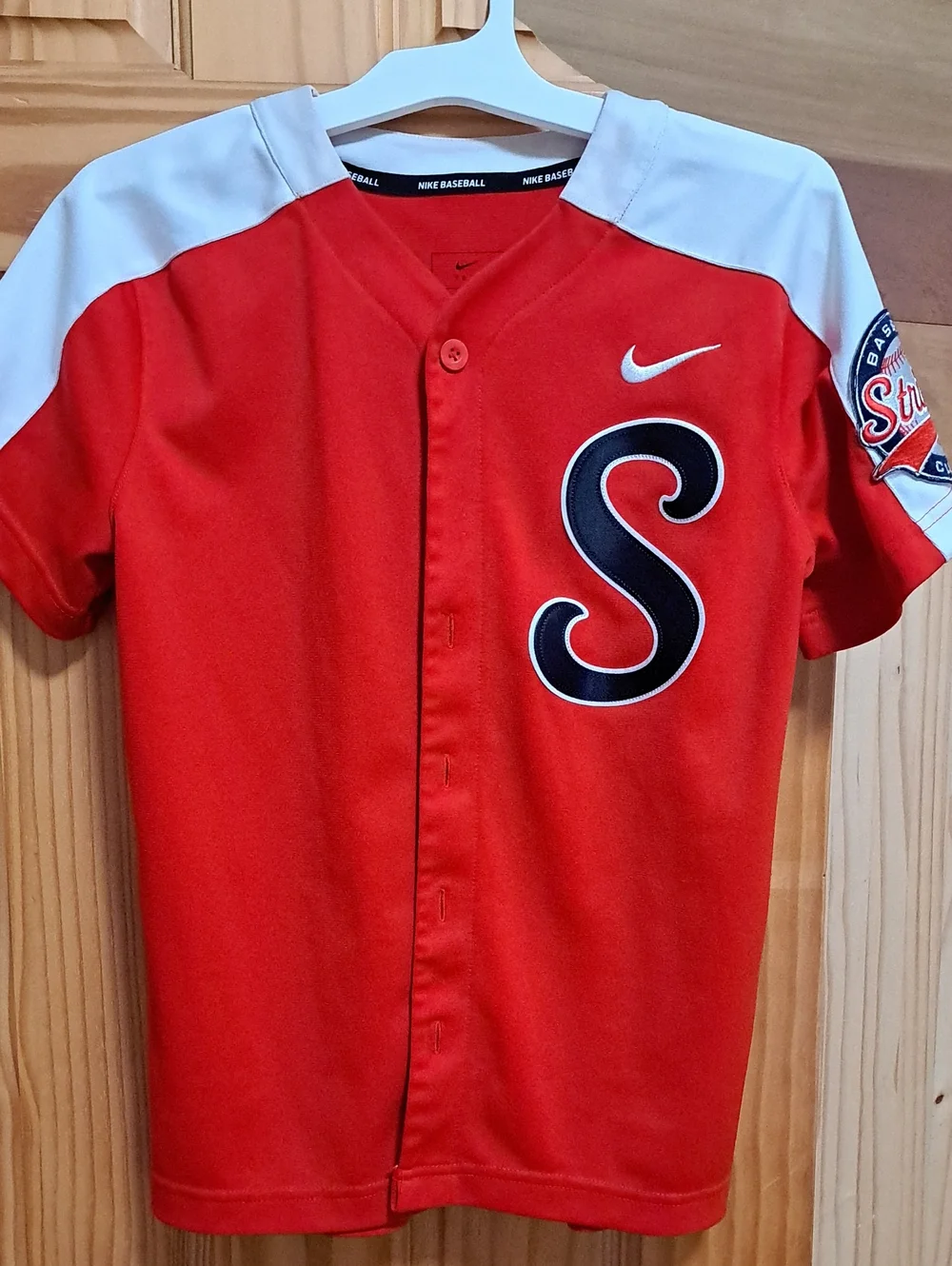 Nike Red Baseball Jersey with White Shoulders and Navy 'S'